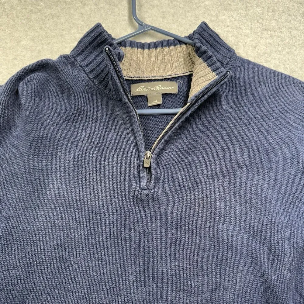 VTG Eddie Bauer Men's 1/4 Zip Mock Neck Pullover Sweater Blue Cotton Size L - Picture 3 of 7